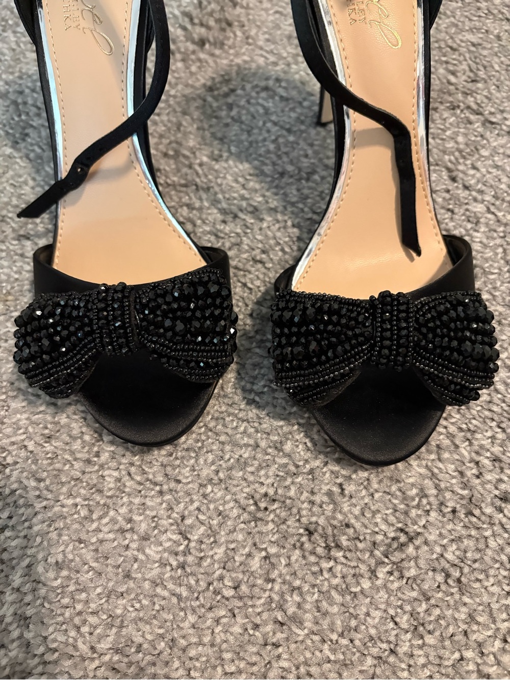 Jewel Badgley Mischka Black Beaded Bow Open-Toe Heels